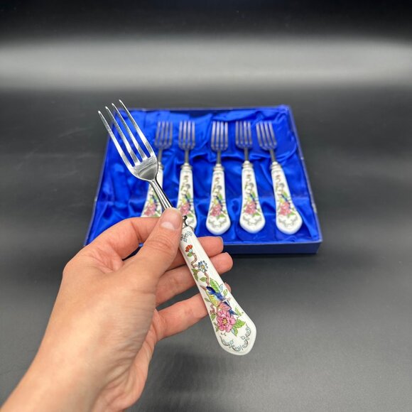 Vintage Aynsley Pembroke Fine Bone China Stainless Steel Steak Forks Bird Floral - Picture 8 of 9